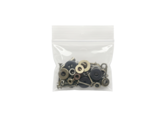 Clear zip bag filled with mixed washers, screws, and eyelets, commonly used in crafts, repairs, or small hardware storage.
