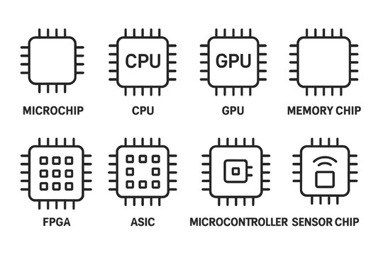 Chip Icon Set. Outline icon set of chip types: microchip, CPU, GPU, memory chip, FPGA, ASIC, microcontroller, sensor chip. Line icons in only black