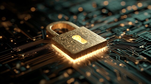 Elevated security with cutting edge technology featuring a golden lock on a motherboard, perfect for illustrating cybersecurity, data protection, and digital safety solutions