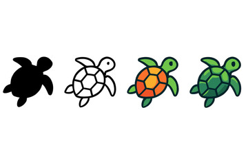 Sea Turtle Icons. Vector icon sea turtle swimming same pose same proportions four styles black solid glyph outline minimal flat multicolor filled cartoon flat