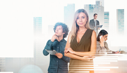 Confident woman stands with arms crossed, surrounded by creative business professionals, overlaid on a bright cityscape background, symbolizing teamwork