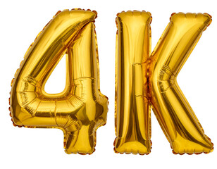 Number 4K Golden Foil Balloon Floating with Invisible Strings, Top-Down Perspective, Isolated