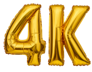 Number 4K Golden Foil Balloon Floating with Invisible Strings, Top-Down Perspective, Isolated