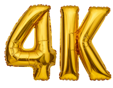 Number 4K Golden Foil Balloon Floating with Invisible Strings, Top-Down Perspective, Isolated