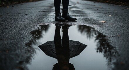 Person standing in rain boots with umbrella reflection in puddle