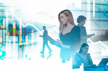 Business people including women working with digital tablets and laptops, creative style overlay, on a cityscape background, concept of financial analysis