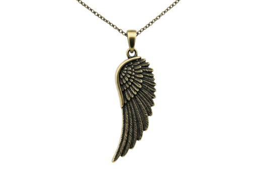 Vintage-style angel wing pendant hanging from a chain, representing protection, freedom, or spirituality in fashion jewelry.
 - Powered by Adobe