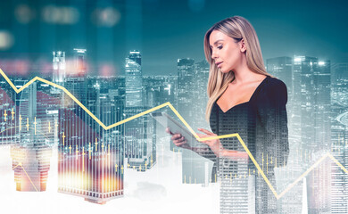 Confident woman using tablet with financial chart overlay, futuristic digital art style, cityscape background, concept of business and finance strategy