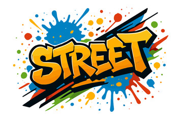 Urban Graffiti Vibes. Street, graffiti style, bold urban vibe, surrounded by paint splatters, diagonal decorative composition, clean white background, vector