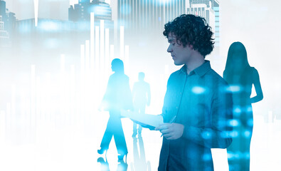 Young man holding papers with silhouettes of business people and digital elements over cityscape background, representing creative business teamwork