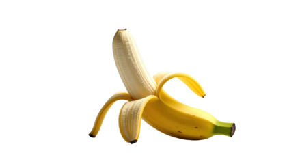 Freshly peeled banana, displaying its exposed, creamy white flesh, with a vibrant yellow peel partially open and curved, presented against a stark black background for maximum visual contrast.