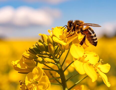 A honeybee pollinates a bright yellow flower - Powered by Adobe