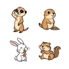Cute cartoon animals illustration including a meerkat, rabbit, gopher, and chipmunk