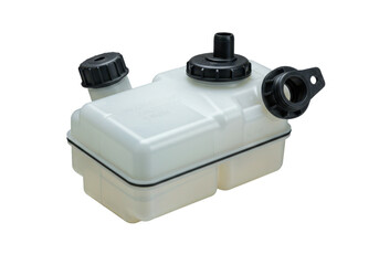 Close-up of a plastic car coolant reservoir tank with caps and mounting bracket, isolated on white for automotive repair contexts.
