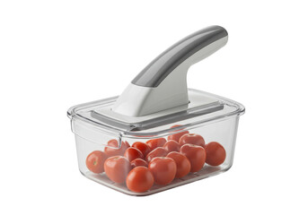 Transparent food chopper container filled with cherry tomatoes, showing a manual slicing tool for fresh food preparation.
