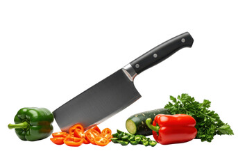 Sharp kitchen knife surrounded by sliced bell peppers, cucumber, and herbs, symbolizing food prep and healthy cooking.
