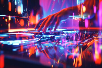 Live dj performance at vibrant nightclub electronic music scene colorful lights intimate setting artistic perspective