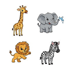 A delightful collection of cute cartoon safari animals including a lion, zebra, elephant, and giraffe