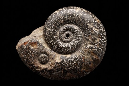 A close-up of a spiral-shaped fossil, with detailed surface patterns and texture, set against black