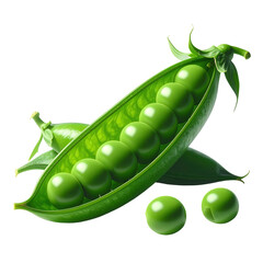 Freshly picked green pea pods, one open showcasing a row of round, vibrant peas, alongside additional pods and loose peas, all presented on a dark, contrasting background that highlights the bright...
