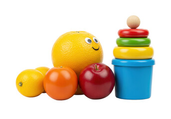 A fun arrangement of fresh fruits and a colorful stacking toy, blending healthy food and playtime for kids' themes.
