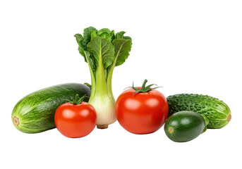 Various fresh vegetables including tomato, cucumber, and bok choy arranged together, symbolizing healthy eating and plant-based diets.
