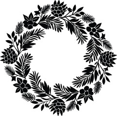 Minimal Christmas wreath silhouette with ribbon and festive details. Perfect for holiday cards, logos, decorations, and seasonal design projects. Clean single-color vector illustration.