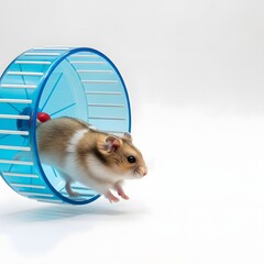A playful hamster running energetically on a blue exercise wheel in a bright, minimalist setting