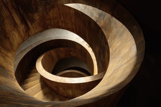 A spiraling wooden staircase creates a captivating pattern in a well-lit, downward perspective