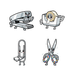 Playful Illustrated Office Essentials with Friendly Faces for Fun and Productivity