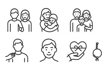 Obraz premium Tender Icon Set. Outline icon set of tender relationships: couple holding hands, mother and child, best friends hugging, family group, supportive shoulder,