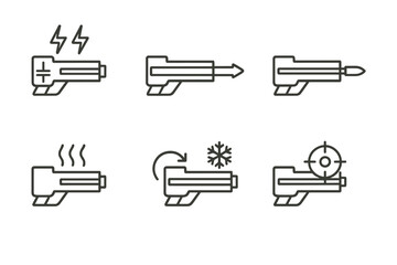 Railgun Icon Sequence. Outline icon set of railgun firing sequence: charge buildup, electromagnetic pulse, projectile launch, recoil, heat dissipation, reload,