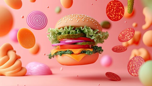 Stylized burger and toppings float against a pink backdrop