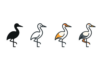 Fototapeta premium Vector Crane Icon Styles. Vector icon crane bird same pose same proportions four styles black solid glyph outline minimal flat multicolor filled cartoon flat