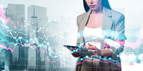 Businesswoman holding tablet with abstract financial graphs overlay, modern design style, cityscape background, concept of finance and technology