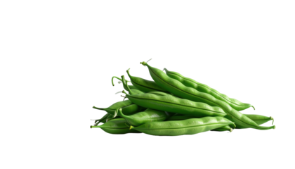 Fresh green beans arranged in a small pile on a completely dark background, creating a striking visual contrast.