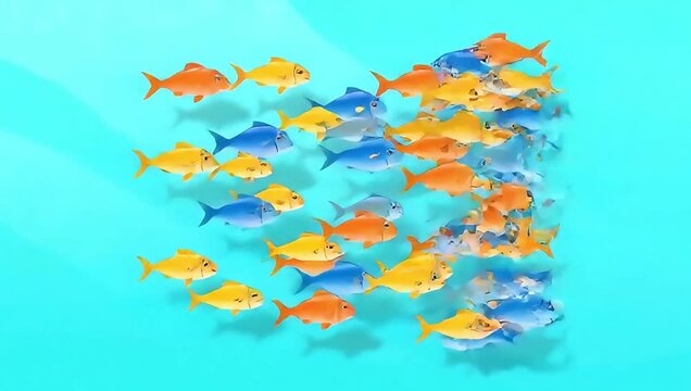 Colorful School of Toy Fish Swimming Together in Blue Water.