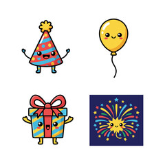 Cute birthday celebration icons with party hat, gift, balloon and fireworks