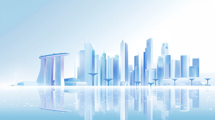 Fototapeta premium Minimal Futuristic Singapore City Skyline with Marina Bay Sands and Supertree Grove in Abstract White and Blue Style