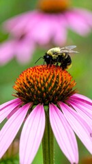 A bee pollinating a vibrant pink coneflower