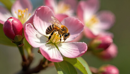 Bee pollinates pink apple blossom in springtime. Insect collects nectar from flower. Nature scene shows pollination process. Floral photo represents spring season growth