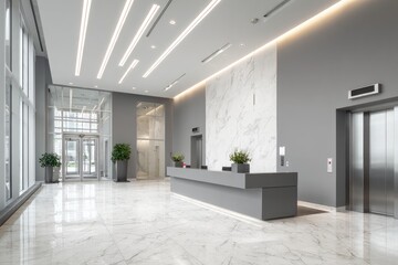An elegant, modern lobby features a reception desk, elevators, and a marble accent wall