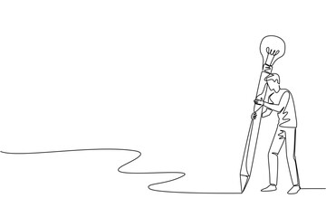 Single continuous line drawing a man writes using a large pencil with a light bulb at the end. Sharpening creative writing. Content writer. National Creativity Day. One line design vector illustration