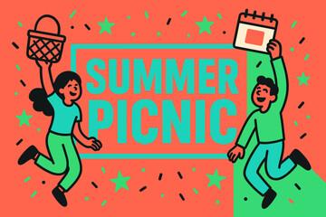 Vibrant Summer Picnic. Summer Picnic banner, flat vector illustration, bold oversized text inside rectangular frame, cartoon characters jumping with baskets