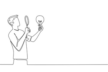 Single continuous line drawing man holds lightbulb and examines with magnifying glass. Looking for brilliant solutions to problem solving. National Creativity Day. One line design vector illustration