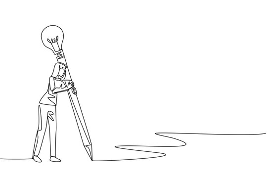 Single one line drawing a woman writes using a big pencil with a lightbulb at the end. Continuous practice to become more creative. National Creativity Day. Continuous line design graphic illustration