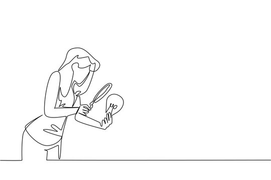 Continuous one line drawing a woman holds lightbulb and examines it with a magnifying glass. Researching. Searching. Power of mind. National Creativity Day. Single line draw design vector illustration