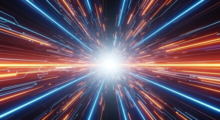 Ultra highresolution, professional studio photography of abstract digital tunnel with glowing neon light streaks in blue and orange, representing speed and data transfer