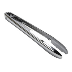 A   shot showcases a set of shiny, stainless steel tongs against a stark, black background, emphasizing their clean and modern design.