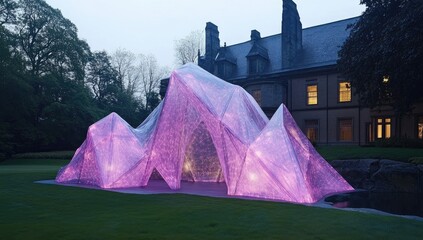 Illuminated mountain art installation in green garden at dusk